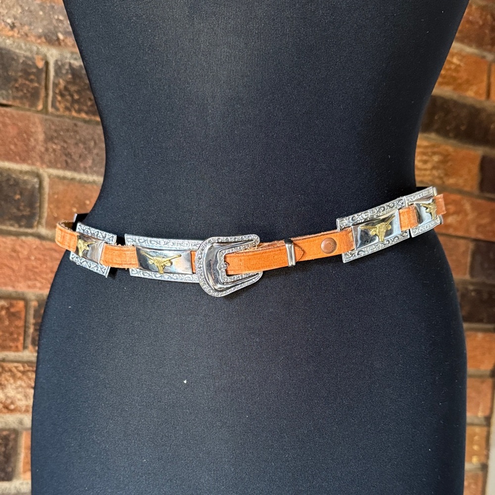 Western Style Brown Leather Belt with Silver Buckle
